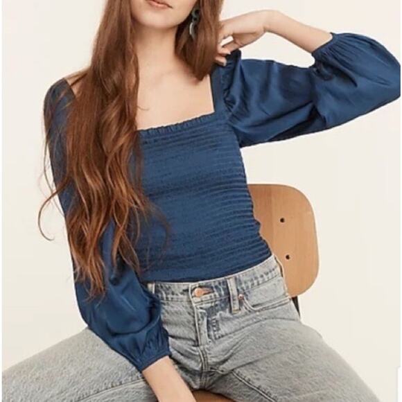 J. Crew Women’s Square Neck Smocked Featherweight Satin Blue Crop Top XXL NWT - Picture 1 of 7